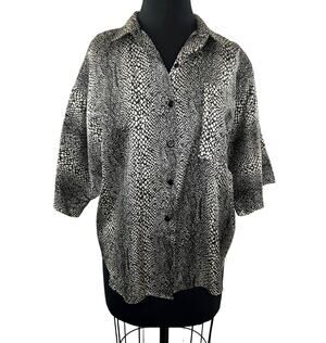 VINTAGE Happy Legs Black White Snakeskin Button-Up Boxy Short Sleeve Shirt M VTG